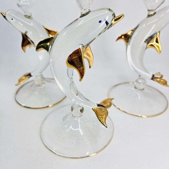 Set Of 3 Handcrafted Dolphin Glass Candle Holders With Gold Accents - Picture 4 of 8